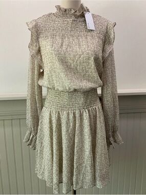 BTFL-Life NWT Smocked Ruffle Mini Dress XL Gray Gold Cream Boho Romantic